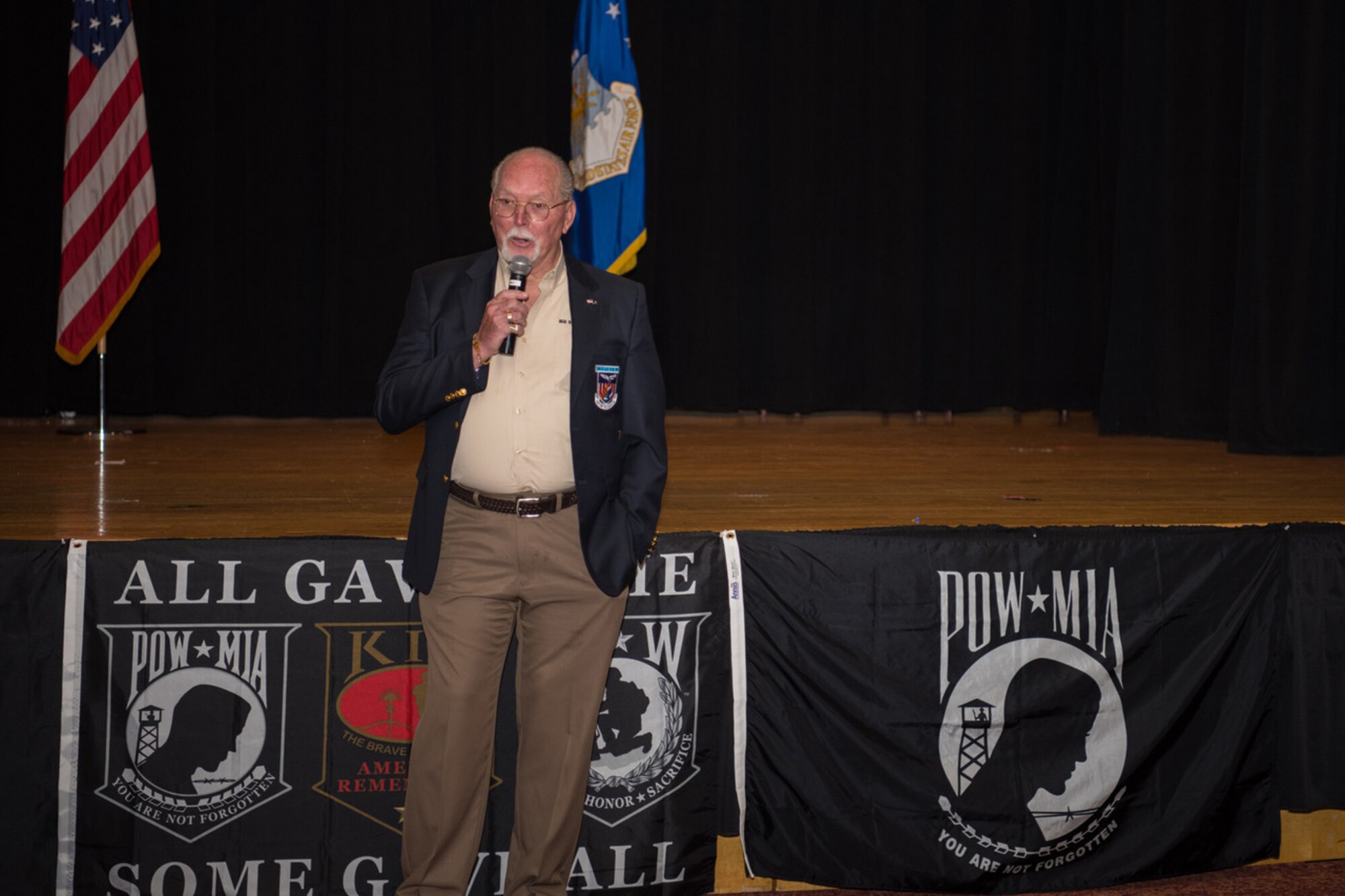 William Schwertfeger, retired U.S. Air Force Lt. Col., shares his story as a prisoner of war during the Vietnam conflict in 1972 at a POW/MIA Ceremony Sept. 17, 2020, at McConnell Air Force Base, Kansas. According to the Department of Defense Prisoner of War Missing Personnel Office, there are 1,657 personnel still missing from the Vietnam conflict. (U.S. Air Force photo by Airman 1st Class Marc A. Garcia)