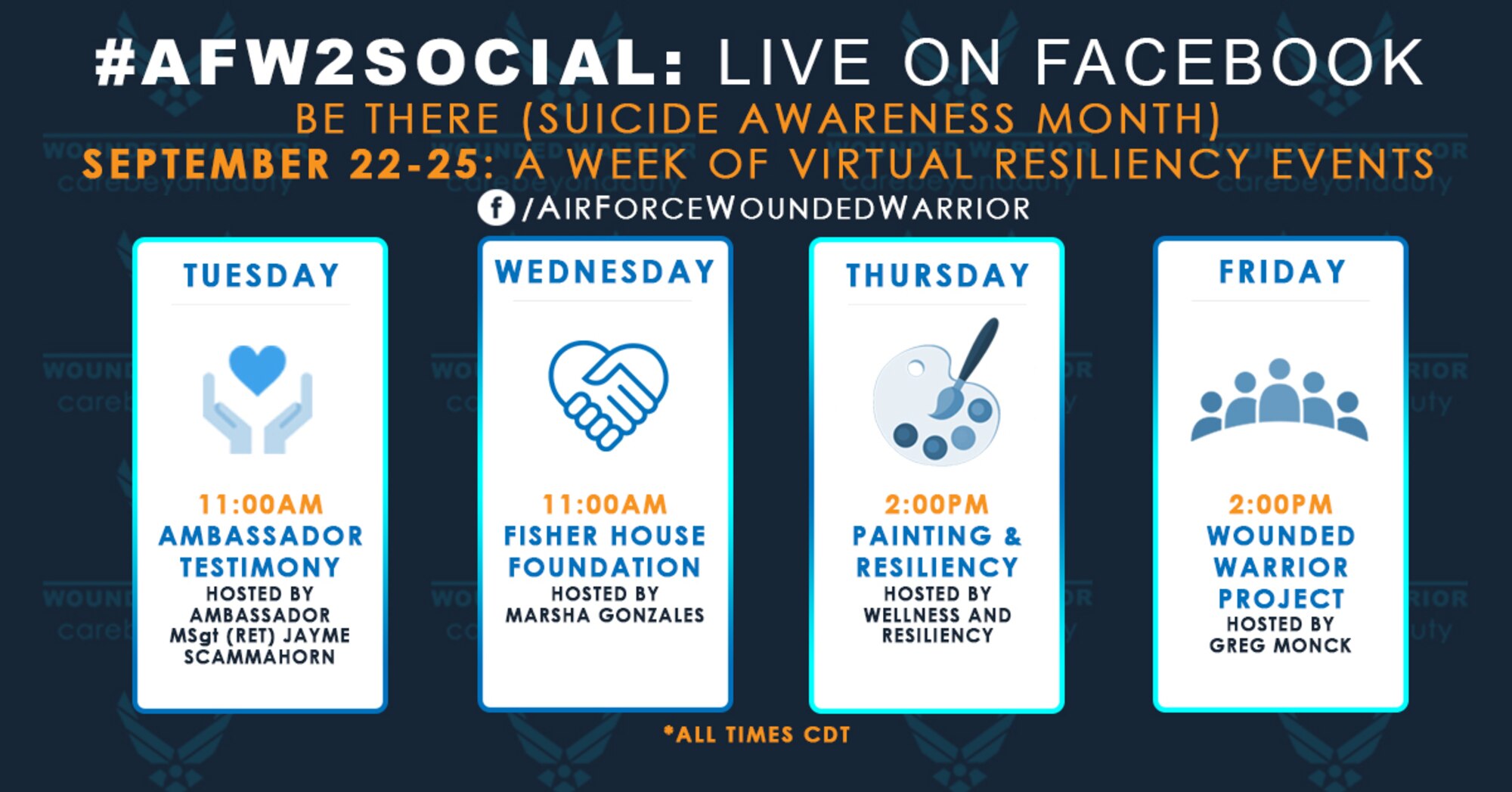 Graphic for the week of September 22-25 for AFW2 Live Facebook events. (U.S. Air Force Graphic by Melissa Espinales)