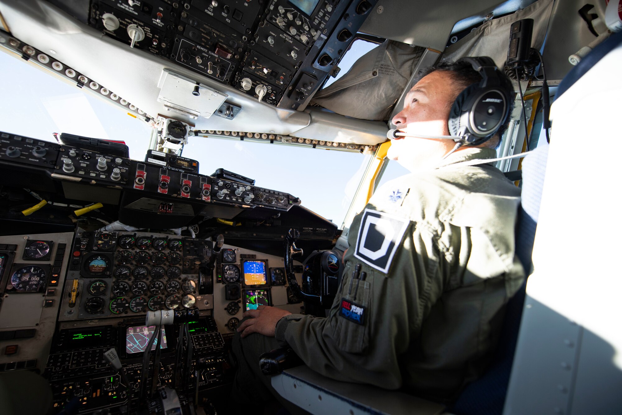 U.S. Air Force Lt. Col. Brian Barba, 351st Air Refueling Squadron director of operation and KC-135 Stratotanker pilot, flies a KC-135 assigned to the 100th Air Refueling Wing, RAF Mildenhall, England, after refueling a B-52H Stratofortress above the Mediterranean Sea in support of a Bomber Task Force Europe mission, Sept. 16, 2020. The B-52s are deployed to RAF Fairford, England, in support of joint and combined training with U.S allies and partners. (U.S. Air Force photo by Senior Airman Jennifer Zima)
