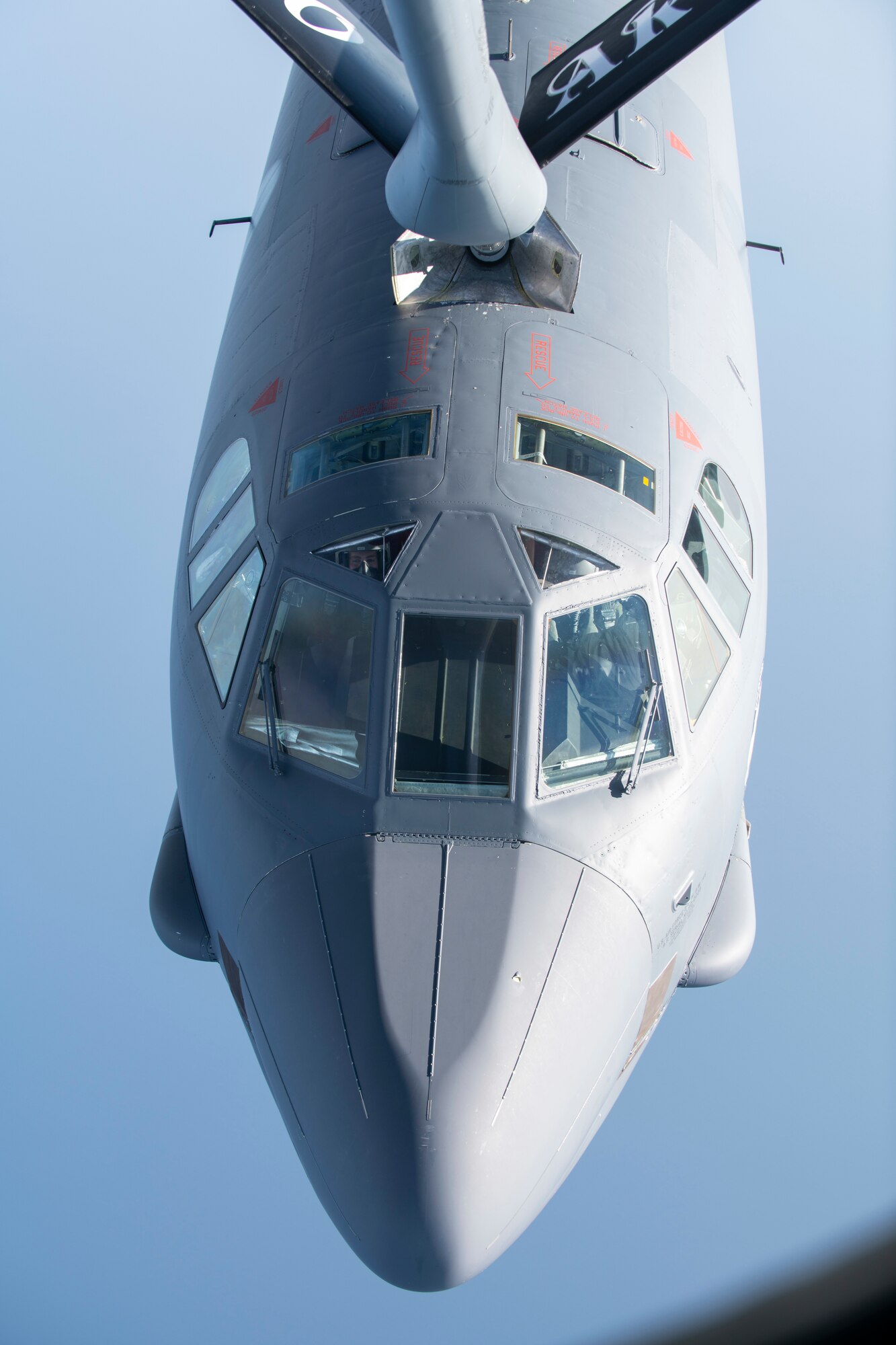 A U.S. Air Force B-52H Stratofortress, assigned to the 5th Bomb Wing at Minot Air Force Base, North Dakota, flies below a KC-135 Stratotanker from the 100th Air Refueling Wing, RAF Mildenhall, England, after receiving fuel above the Mediterranean Sea in support of a Bomber Task Force Europe mission, Sept. 16, 2020. The B-52s are deployed to RAF Fairford, England, in support of joint and combined training with U.S allies and partners. (U.S. Air Force photo by Senior Airman Jennifer Zima)