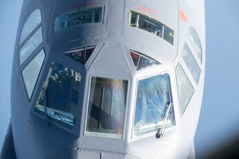 A U.S. Air Force B-52H Stratofortress pilot, assigned to the 5th Bomb Wing at Minot Air Force Base, North Dakota, observes the refueling boom prior to making contact with a KC-135 Stratotanker from the 100th Air Refueling Wing, RAF Mildenhall, England, above the Mediterranean Sea in support of a Bomber Task Force Europe mission, Sept. 16, 2020. The B-52s are deployed to RAF Fairford, England, in support of joint and combined training with U.S allies and partners. (U.S. Air Force photo by Senior Airman Jennifer Zima)