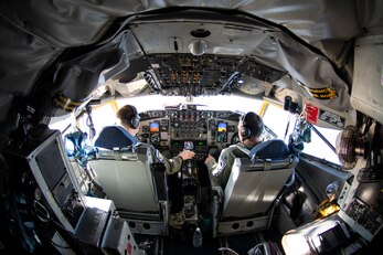 U.S. Air Force Capt. Anthony Caliba, left, 351st Air Refueling Squadron KC-135 Stratotanker pilot, and Lt. Col. Brian Barba, right, 351st ARS director of operation and KC-135 pilot, fly a KC-135, assigned to the 100th Air Refueling Wing, RAF Mildenhall, England, after refueling a B-52H Stratofortress above the Mediterranean Sea in support of a Bomber Task Force Europe mission, Sept. 16, 2020. The B-52s are deployed to RAF Fairford, England, in support of joint and combined training with U.S allies and partners. (U.S. Air Force photo by Senior Airman Jennifer Zima)