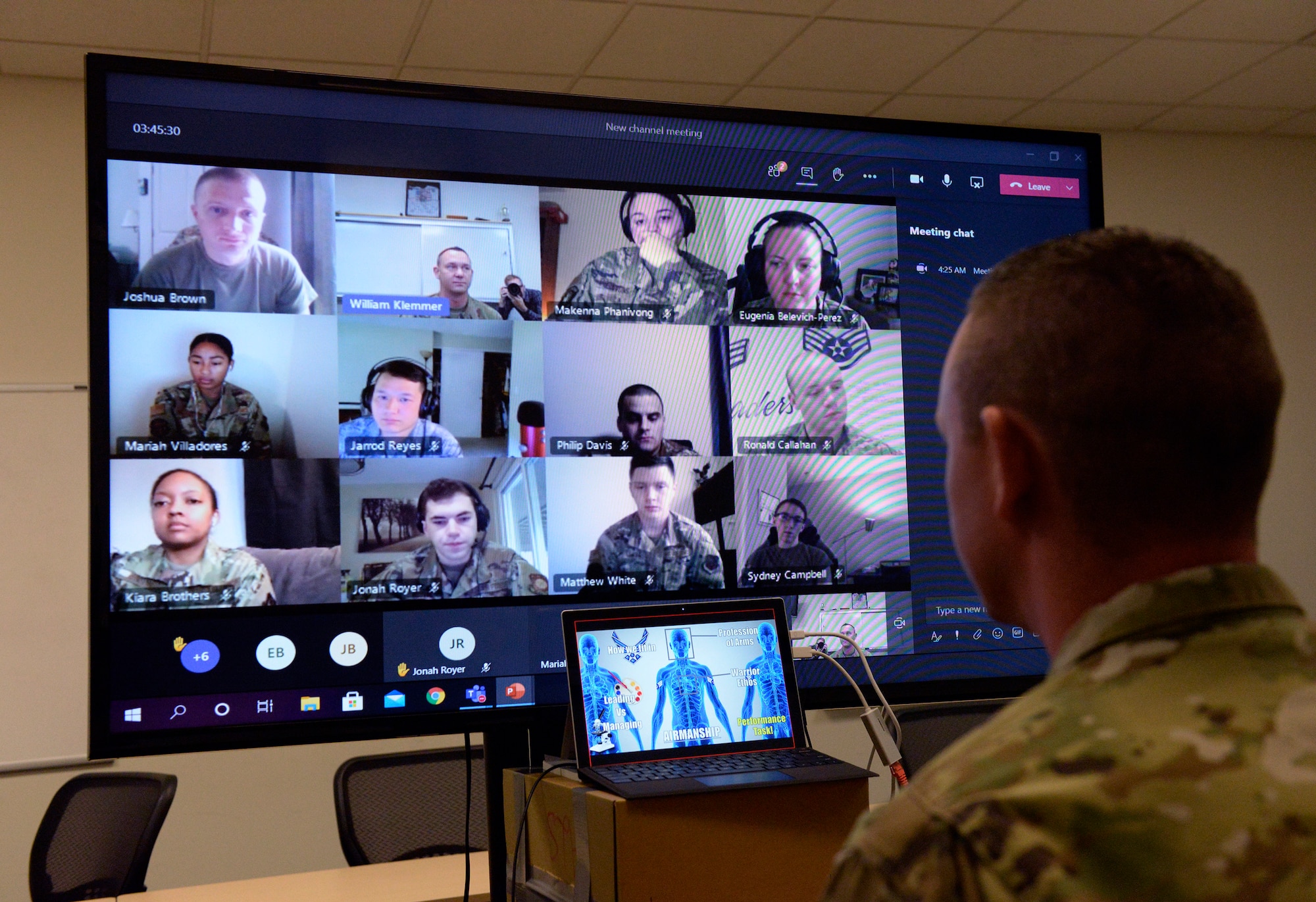 Tech. Sgt. William Klemmer, Airman Leadership School instructor, teaches via distance learning protocol under Health Protection Condition Charlie at Wright-Patterson Air Force Base Sept. 16. Klemmer instructs half of a class of 22 students. (U.S. Air Force photo/Ty Greenlees)