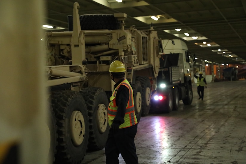 Contractors move pieces of heavy equipment into their spaces at the Port of Shuiaba, Kuwait, September 11, 2020. The 1184th Deployment and Distribution Support Battalion, from Mobile, AL is responsible for the movement of nearly 400 pieces from several different units on this shipment. (U.S. Army Reserve Photo By Sgt. Vontrae Hampton)