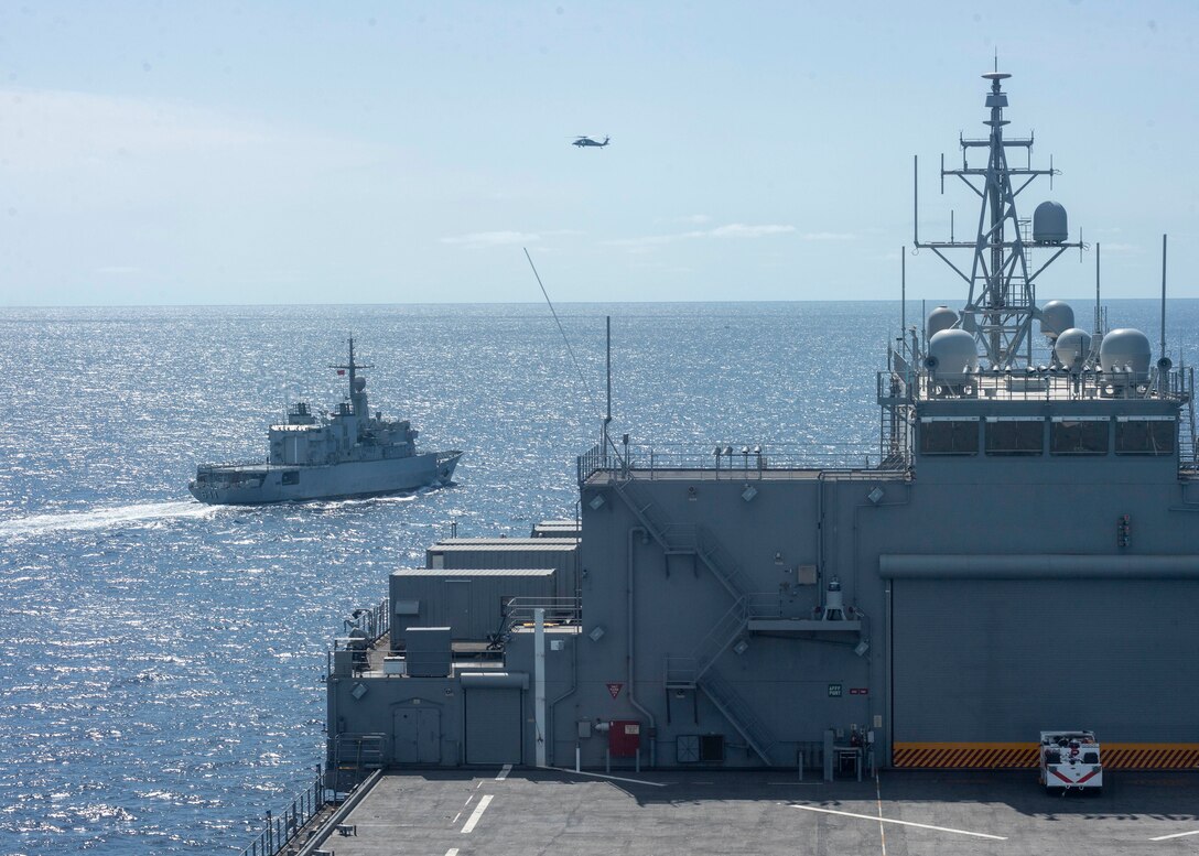 The Expeditionary Sea Base USS Hershel "Woody" Williams (ESB 4) participates in a photo exercise with the Royal Moroccan Navy's Floreal-class Frigate Mohammad V in the Atlantic Ocean, Sep. 15, 2020. Hershel "Woody" Williams is on its inaugural deployment in the U.S. Naval Forces Europe-Africa area of responsibility in support of maritime missions and special operations. (U.S. Navy photo by Mass Communication Specialist Seaman Apprentice Conner Foy)