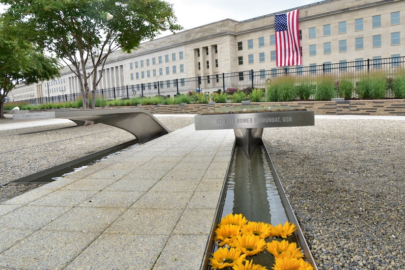 A wide shot of the National 9/11 Pentagon Memorial.