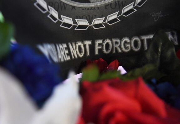 A wreath is displayed during the POW/MIA 12-hour memorial run and vigil at the Crotwell Track at Keesler Air Force Base, Mississippi, Sept. 18, 2020. This event is held annually to raise awareness and pay tribute to all prisoners of war and the military members still missing in action. (U.S. Air Force photo by Kemberly Groue)
