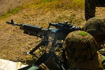 A U.S. Marine with Detachment 4th Force Reconnaissance Company fires an M240-B machine gun, Marine Corps Base Hawaii, Aug. 14, 2020. The training was supplementary to 4th Force’s annual reserve training, and aimed to foster familiarity and confidence with the M240-B machine gun, M203 grenade launcher, and M32A1 grenade launcher weapon systems. (U.S. Marine Corps photo by Lance Cpl. Shane Linder)