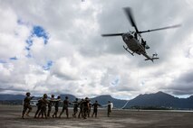 U.S. Marines with Detachment 4th Force Reconnaissance Company and 3rd Radio Battalion conduct Special Patrol Insertion/Extraction rigging operations aboard Marine Corps Base Hawaii, Aug. 14, 2020. The training was supplementary to 4th Force’s annual reserve training and aimed to increase the unit’s expeditionary readiness. (U.S. Marine Corps photo by Lance Cpl. Samantha Sanchez)