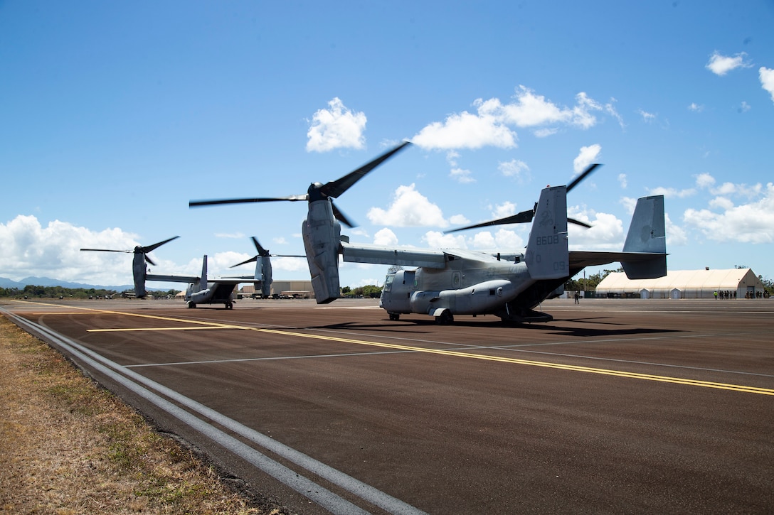 U.S. Marine Corps MV-22 Ospreys assigned to Marine Medium Tiltrotor Squadron 268 land at Wheeler Army Airfield during a training exercise, Sept. 3, 2020. The joint training improved interoperability between Marine aircraft and U.S. Air Force Tactical Air Control Party specialists across Oahu. (U.S. Marine Corps photo by Sgt. Jesus Sepulveda Torres)