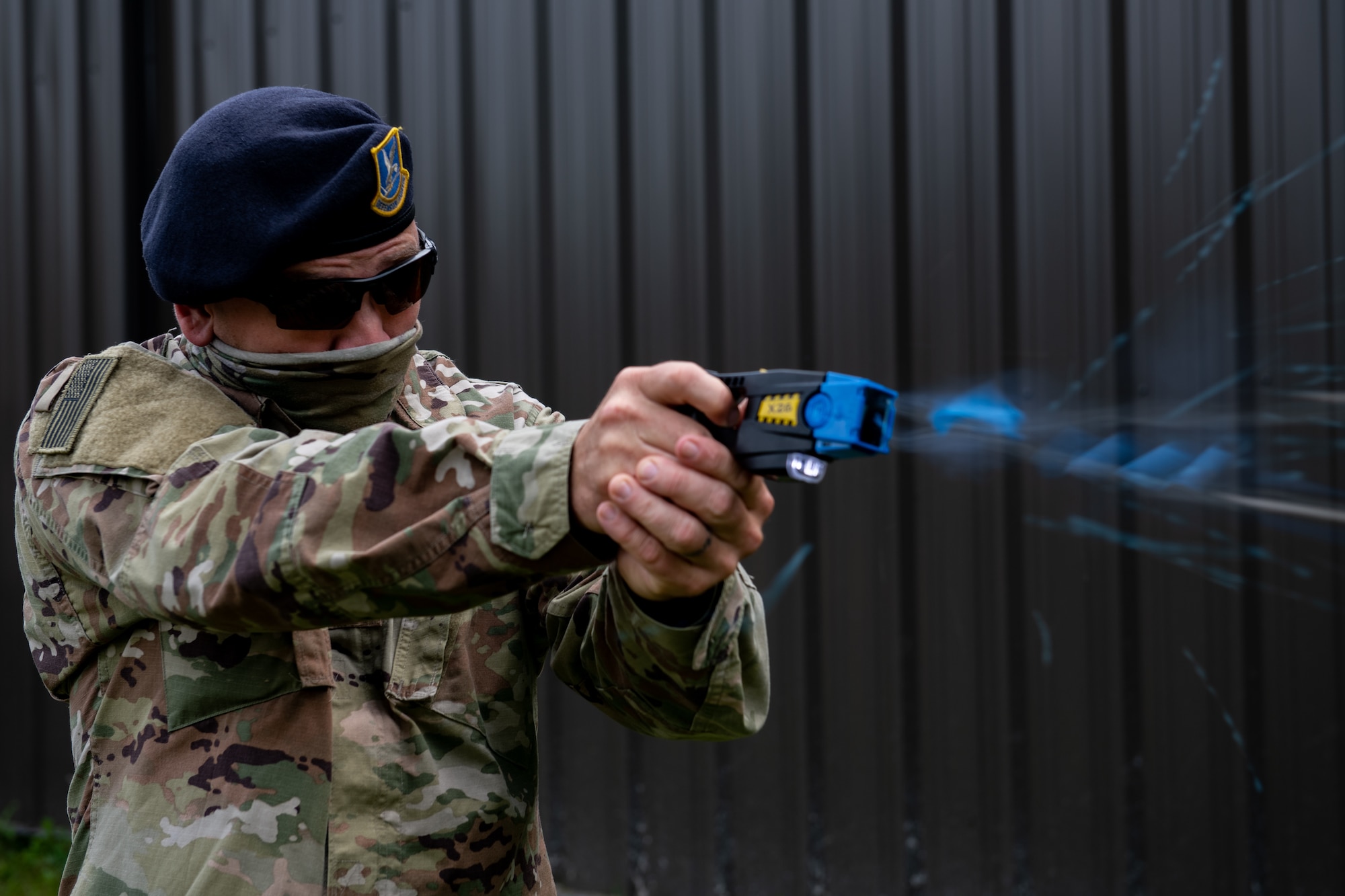 Tech. Sgt. Andrew Trumbull, a fireteam leader assigned to the 910th Security Forces Squadron, fires a practice cartridge during a taser certification course, Sept. 12, 2020, Youngstown Air Reserve Station. The course provides Airmen an overview of how to use a taser and when the appropriate time to use a taser is.
