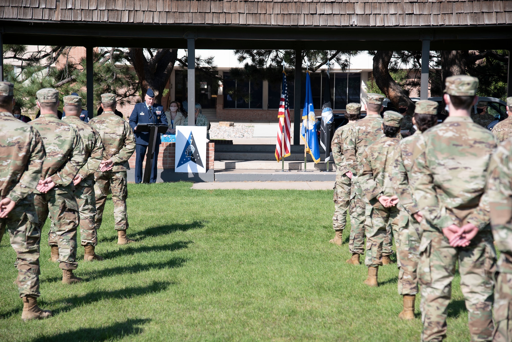 Col. Chandler Atwood, Space Delta 7 commander, speaks to new squadron members during the activation ceremony of the 71st and 72nd Intelligence, Surveillance and Reconnaissance Squadrons at Peterson Air Force Base, Colorado, Sept. 11, 2020. The squadron members transferred from 70th ISR Wing units. (U.S. Space Force photo by Kristen Allen)