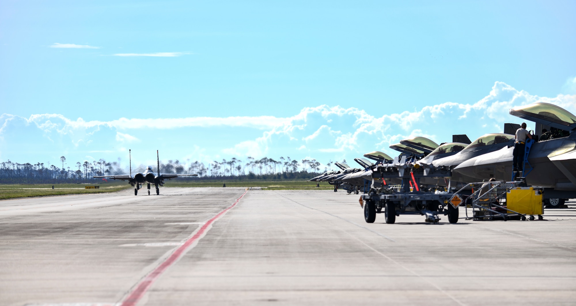 A U.S. Air Force F-15 Eagle taxis the runway at Tyndall Air Force Base, Florida, Sept. 18, 2020. The aircraft and aircrew participated in a Weapons System Evaluation Program held at Tyndall on behalf of Air Combat Command to evaluate the functionality of the weapons system for air-to-air and air-to-ground missions. (U.S. Air Force photo by Senior Airman Stefan Alvarez)