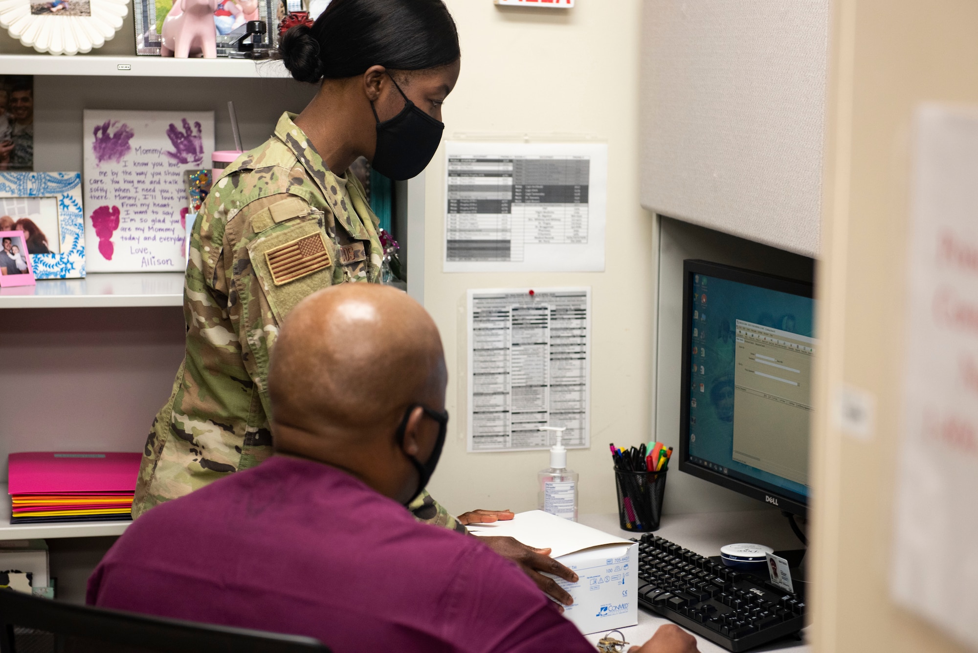 Staff Sgt. Dominique Edwards, 341st Operational Medical Readiness Squadron dental technician, discusses her day-to-day job with Chief Master Sgt. Ron Harper, 341st Missile Wing command chief, Sept. 16, 2020, at Malmstrom Air Force Base, Mont.