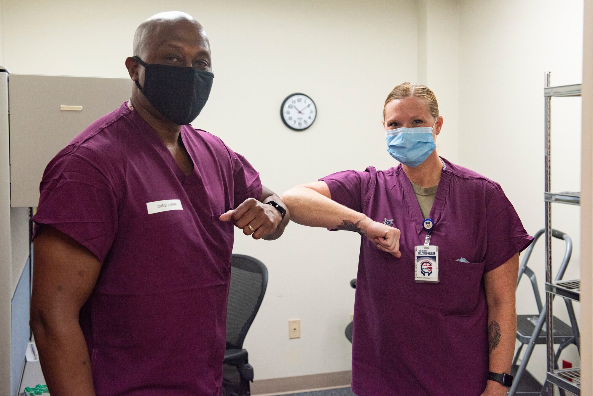 Chief Master Sgt. Ron Harper, 341st Missile Wing command chief, and Tech. Sgt. Jessica Chobot, 341st Operational Medical Readiness Squadron dental technician, pose for a picture Sept. 16, 2020, at Malmstrom Air Force Base, Mont.