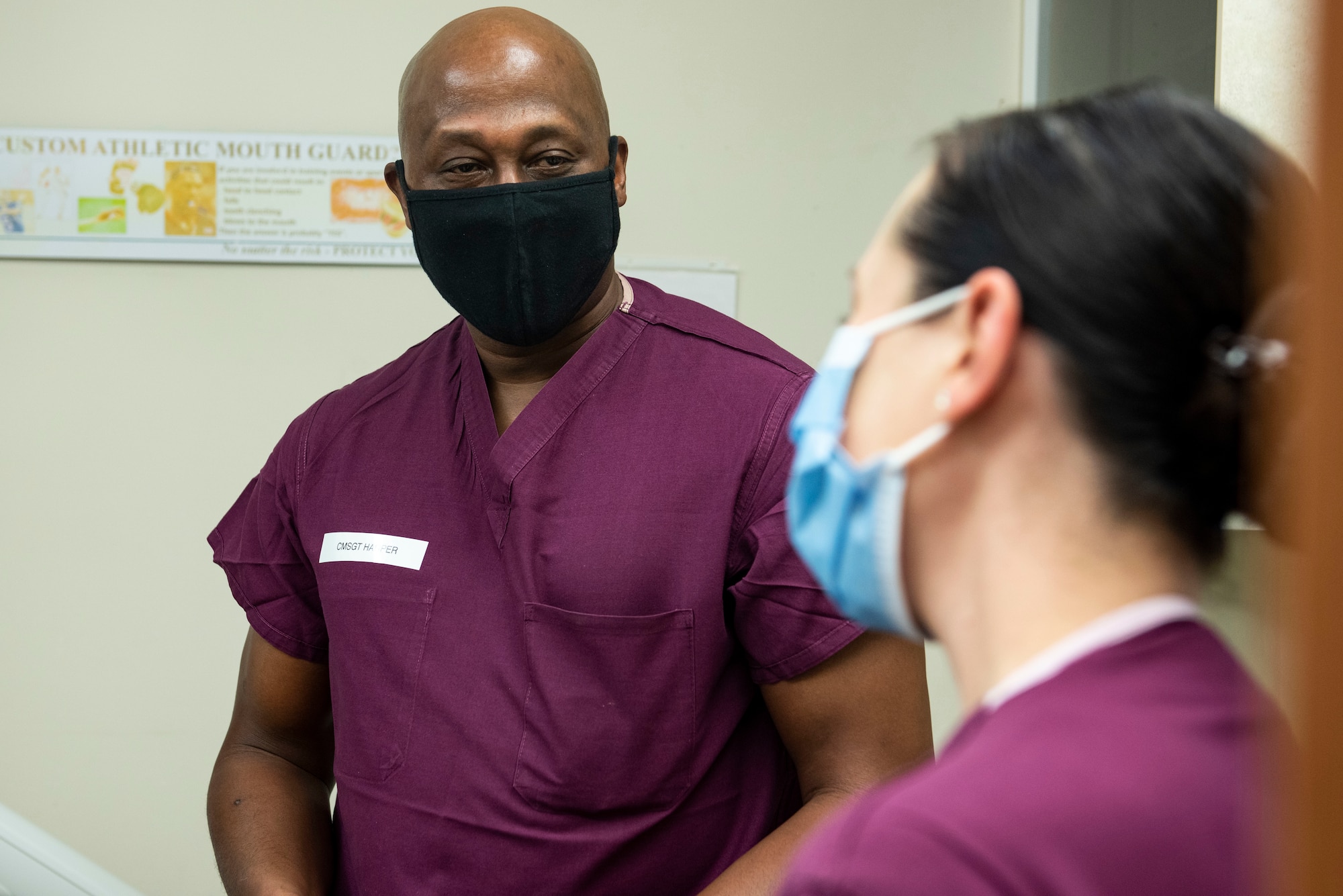 Staff Sgt. Heather Cirilli, 341st Operational Medical Readiness Squadron dental technician, discusses her day-to-day job with Chief Master Sgt. Ron Harper, 341st Missile Wing command chief, Sept. 16, 2020, at Malmstrom Air Force Base, Mont.