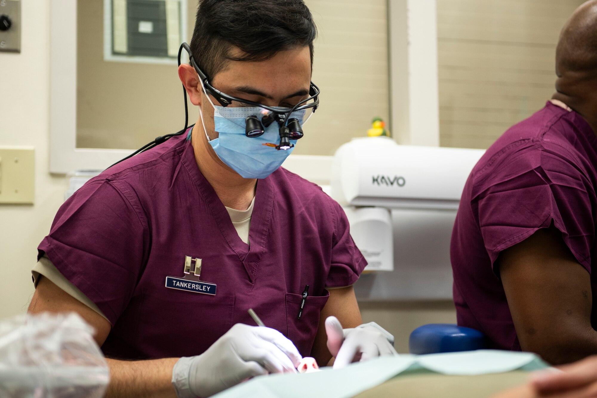Capt. Jonathan Tankersley, 341st Operational Medical Readiness Squadron dental hygienist, performs a dental exam on a patient Sept. 16, 2020, at Malmstrom Air Force Base, Mont.
