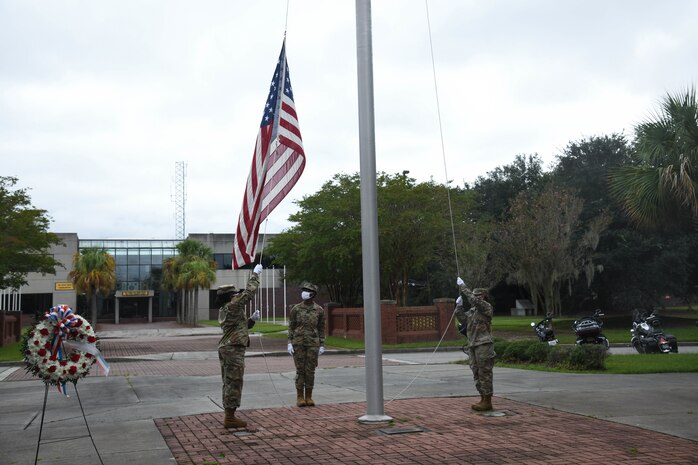 Airmen participate in retreat ceremony Sept. 18, 2020, at Joint Base Charleston, S.C.