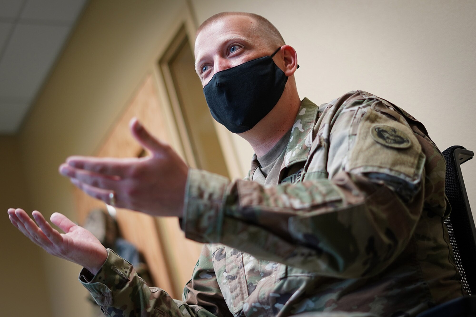Army Sgt. Richard Walburn, a native of Columbia, SC, and a pianist assigned to the 9th Army Band, 17th Combat Sustainment Support Battalion, U.S. Army Alaska, talks about his unit’s mission at its headquarters on Joint Base Elmendorf-Richardson, Alaska, Sept. 17, 2020.