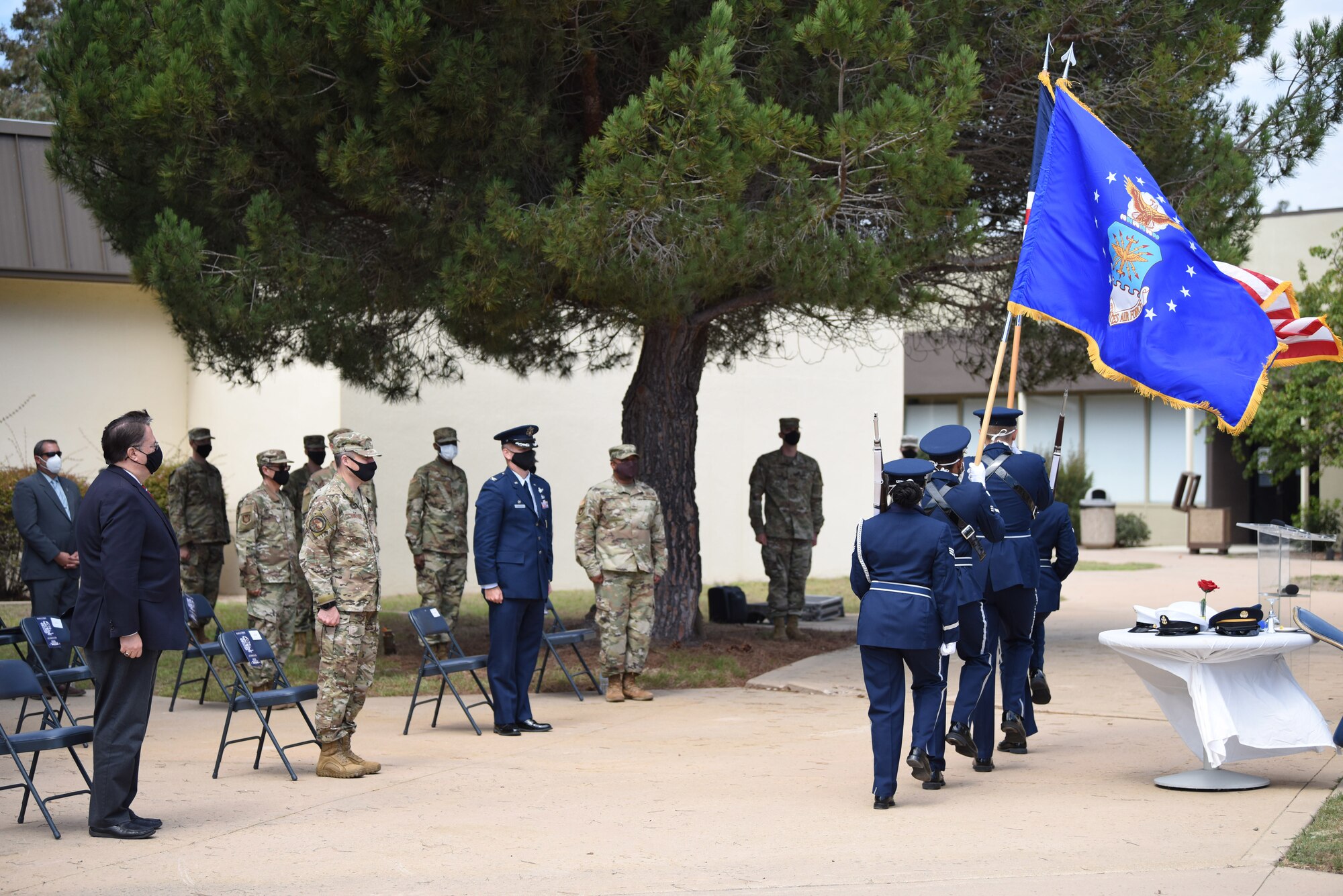 30th Space Wing Honor Guard members present the colors during the Prisoner of War and Missing in Action Closing Ceremony Sept. 18, 2020, at Vandenberg Air Force Base, Calif. The closing ceremony concluded the 24 POW/MIA remembrance events, which included a motorcade, speeches, a 24-hour name reading, and 24-hour walk or ruck signifying the hours that the POW/MIA’s spent surviving or devising plans to escape. (U.S. Air Force photo by Senior Airman Hanah Abercrombie)