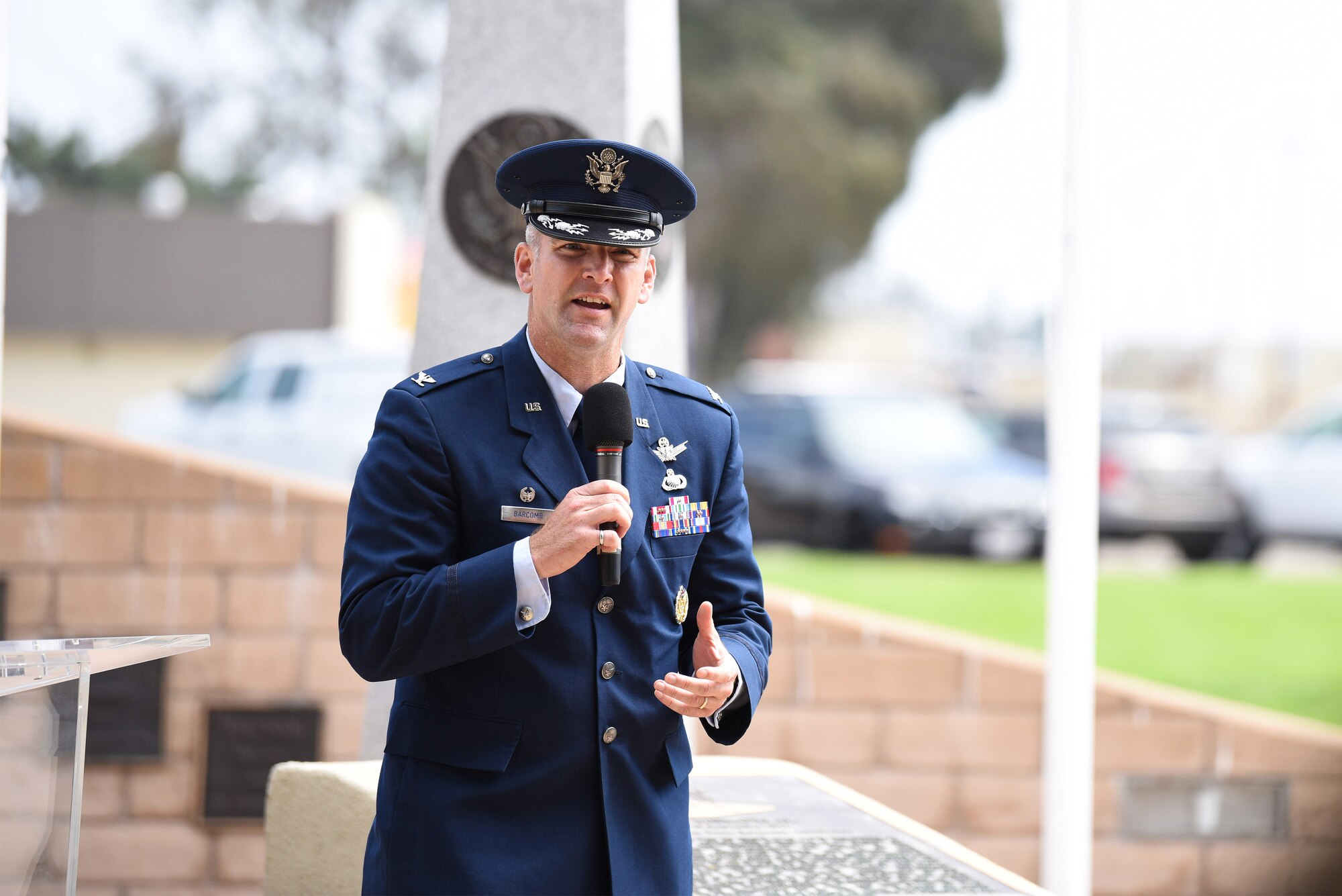 Col. Kris Barcomb, 30th Operations Group commander, gives final remarks during the Prisoner of War and Missing in Action Closing Ceremony Sept. 18, 2020, at Vandenberg Air Force Base, Calif. The first POW/MIA ceremony was held at the National Cathedral in Washington, D.C., after becoming an official recognition day in 1979 to honor the struggles of those missing. According to the Defense POW/MIA Accounting Agency, roughly 83,114 Americans from over five wars are missing in action, and 16,837 Americans died as prisoners of war. (U.S. Air Force photo by Senior Airman Hanah Abercrombie)