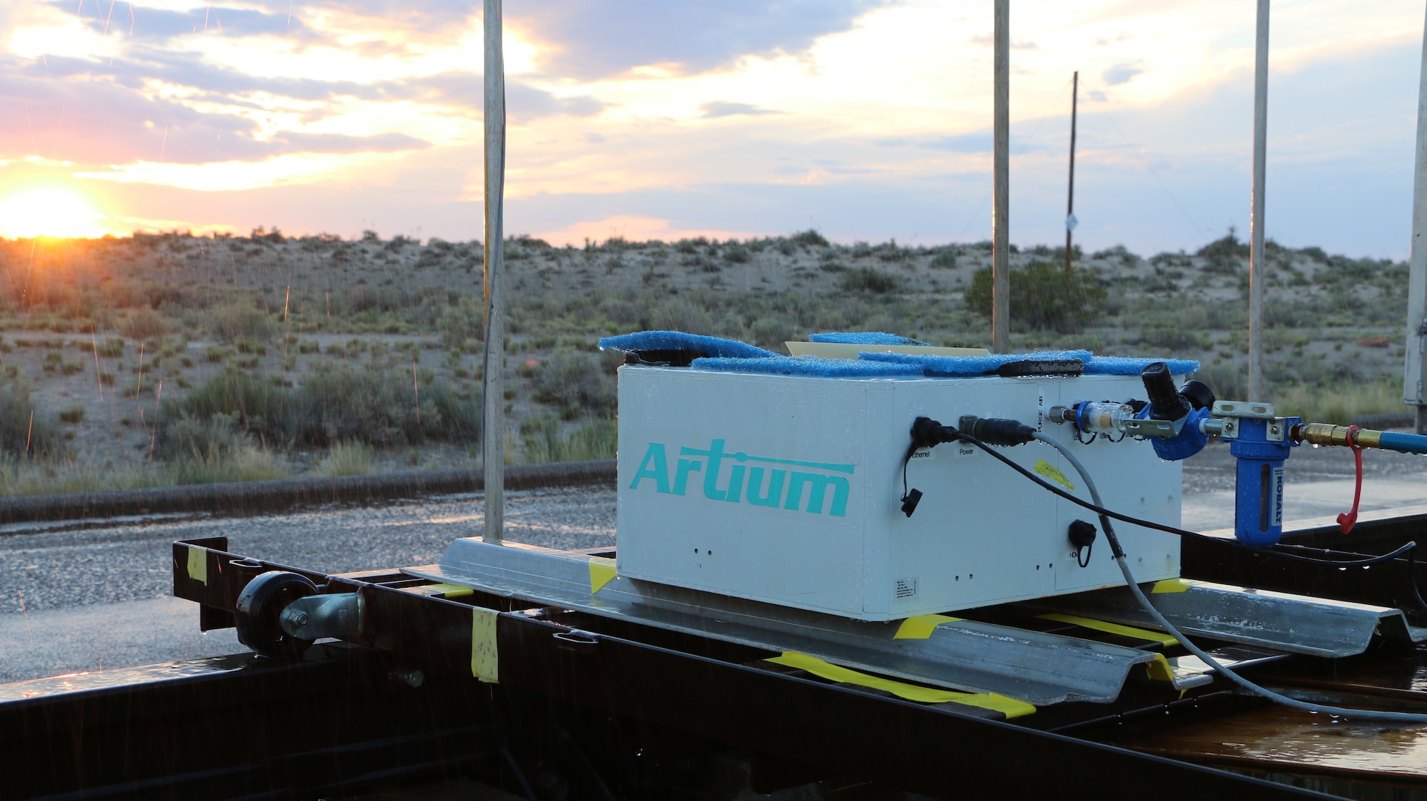 A disdrometer was installed in the rainfield at the Holloman High-Speed Test Track at Holloman Air Force Base, N.M. A disdrometer is an instrument used to measure drop size distributions and the velocity of falling rain. (U.S. Air Force photo)