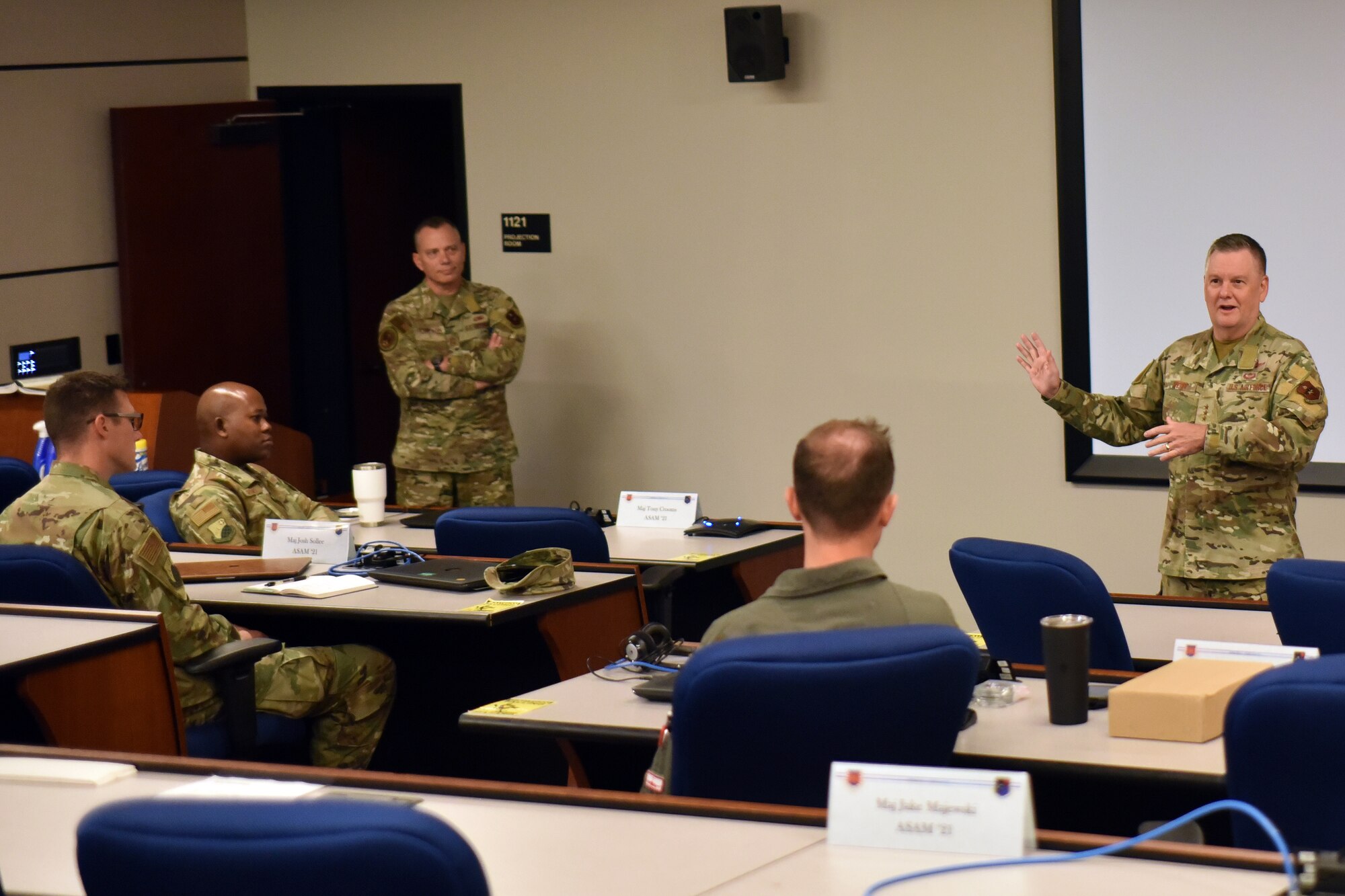 Lt. Gen. Brad Webb, commander of Air Education and Training Command, meets with Advanced Study of Air Mobility students and during a visit to the U.S. Air Force Expeditionary Center at Joint Base McGuire-Dix-Lakehurst, New Jersey on Sept. 18, 2020. The general discussed career progression, leadership challenges, and the future of the Air Force with the students during a special mentoring session. Webb and Chief Master Sgt. Erik Thompson, Command Chief Master Sergeant, Headquarters AETC, visited the USAF EC to gain a better understanding of the Center’s mission as the Air Force's Center of excellence for Rapid Global Mobility and expeditionary Agile Combat Support training and education, while also providing direct oversight for the Global Air Mobility Support System and installation support, contingency response, and building partnership capacity mission sets within the global mobility enterprise. (U.S. Air Force photo by Maj. George Tobias)