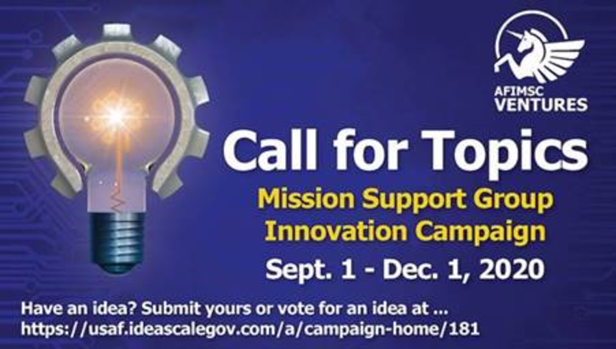The Air Force Installation and Mission Support Center has a “Call for Topics” now through Dec. 1 for its third annual Innovation Rodeo. The finals for the event, which normally takes place in San Antonio, will be held virtually this year due to the coronavirus pandemic. Winners of the Innovation Rodeo will earn a share of $1 million for their concept. (U.S. Air Force graphic by Jim Martinez)