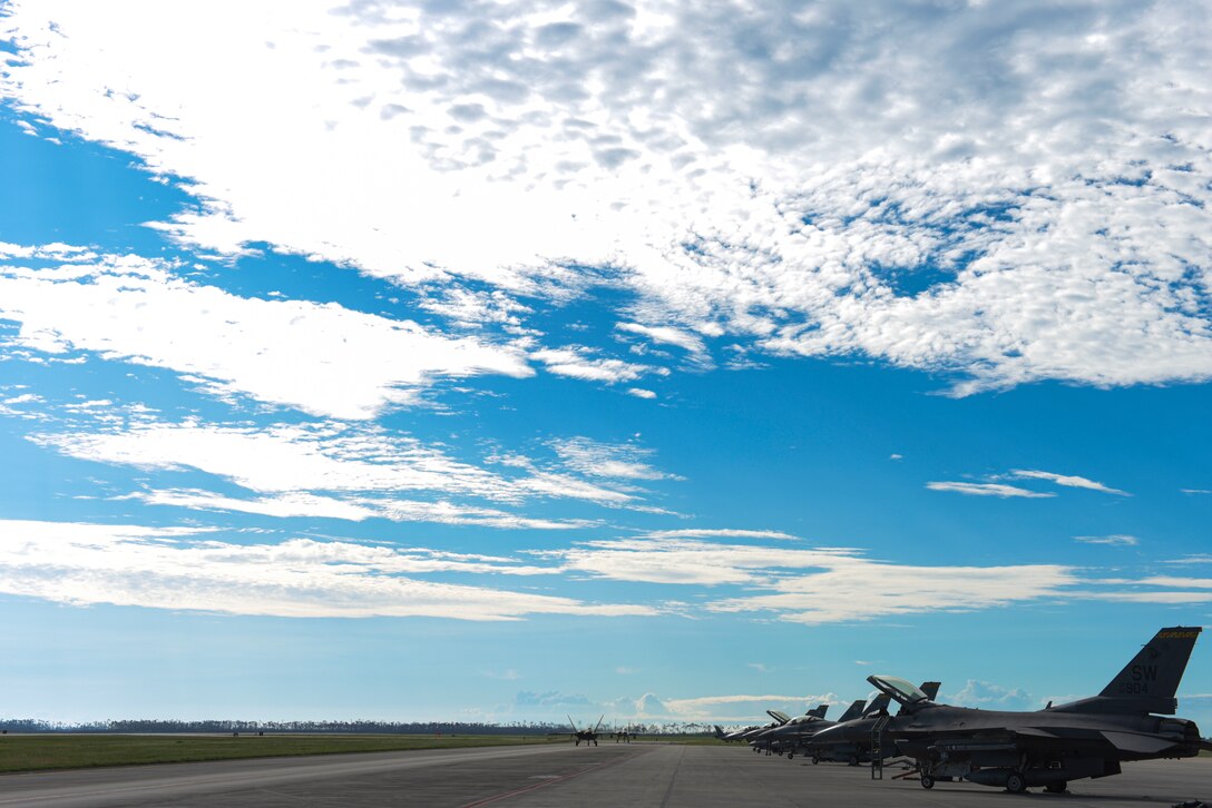 Approximately 45 U.S. Air Force F-22 Raptor and F-15 Eagle aircraft from Joint Base Langley-Eustis, Virginia, Nellis Air Force Base, Nevada, and Seymour Johnson Air Force Base, North Carolina, participate in a Weapons System Evaluation Program at Tyndall Air Force Base, Florida, Sept. 18, 2020. WSEP events are held regularly to practice and troubleshoot air-to-air and air-to-ground weapons system functions utilizing the invaluable air space Tyndall has to offer. (U.S. Air Force photo by Staff Sgt. Magen M. Reeves)