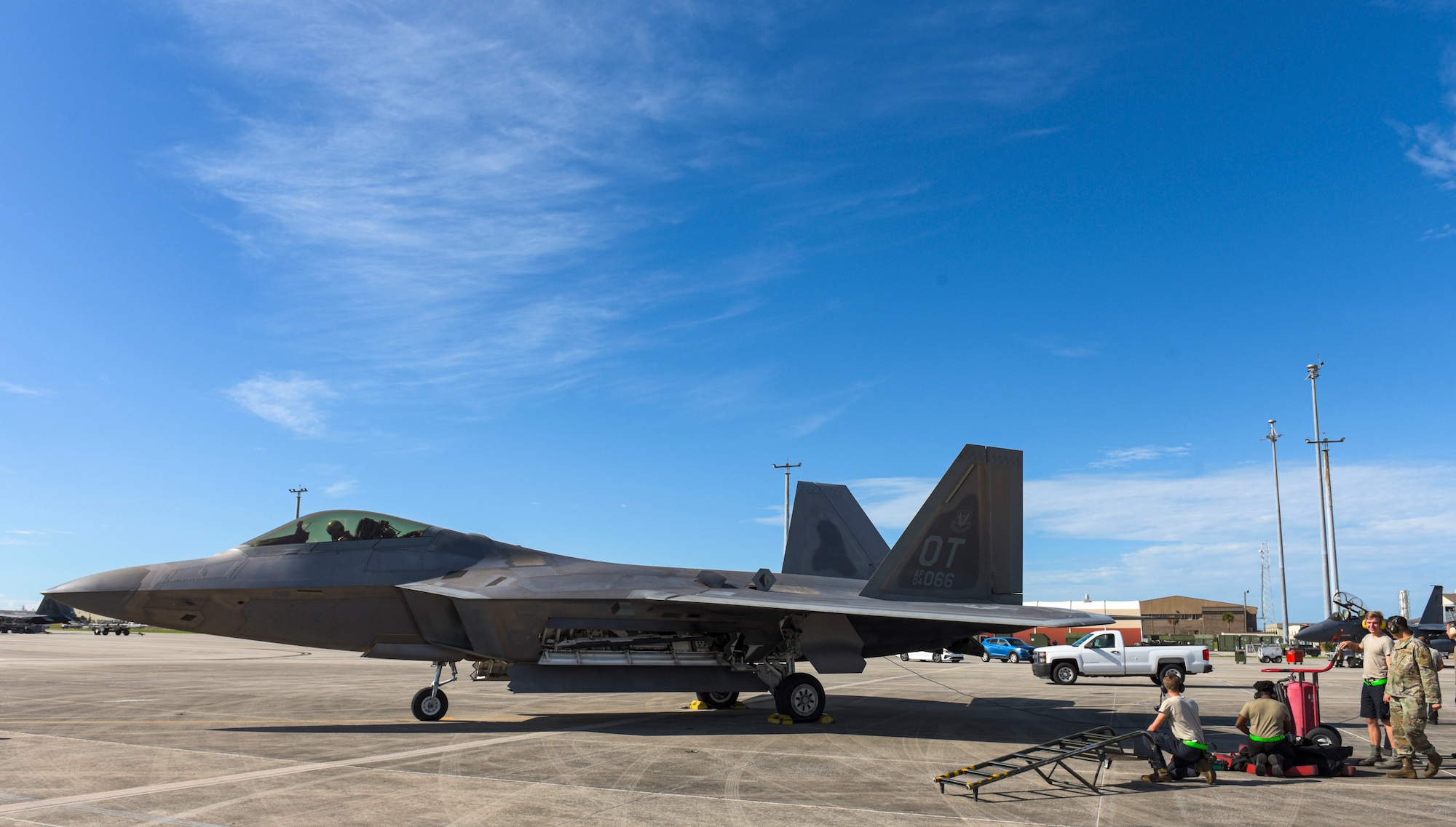 A U.S. Air Force F-22 Raptor Operational Test aircraft from Nellis Air Force Base, Nevada, prepares to taxi the runway during a Weapons System Evaluation Program held at Tyndall Air Force Base, Florida, Sept. 18, 2020. WSEP events are held regularly to practice and troubleshoot air-to-air and air-to-ground weapons system functions while also bringing together multiple Air Combat Command units from across the Air Force to gain real-world practice and build relationships with other units. (U.S. Air Force photo by Staff Sgt. Magen M. Reeves)