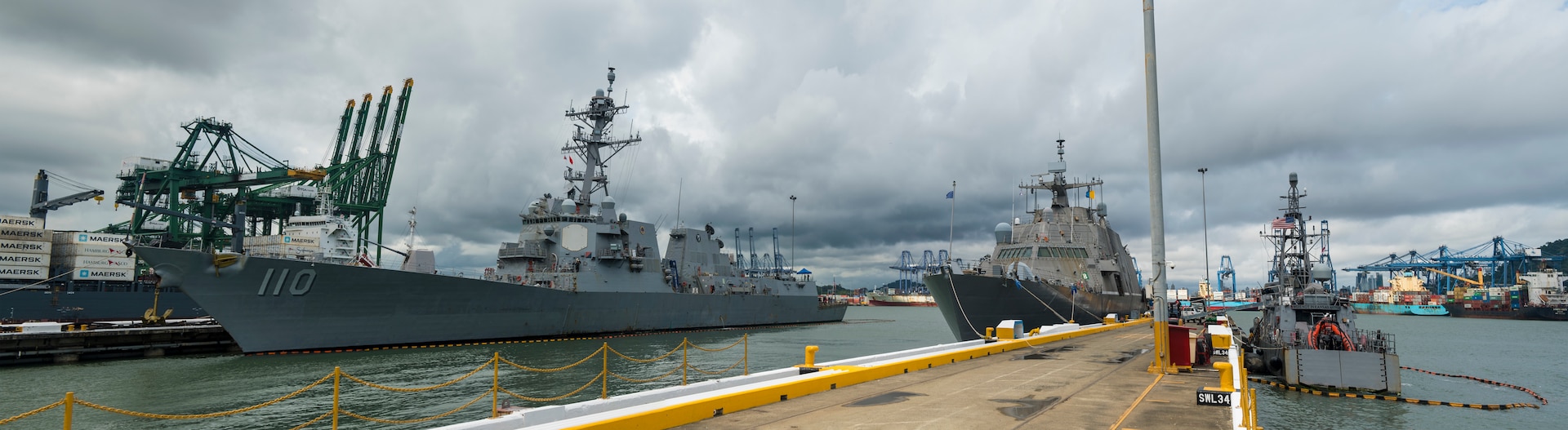 The Cyclone-class coastal patrol ship USS Tornado (PC 14), Arleigh Burke-class guided missile destroyer USS William P. Lawrence (DDG 110) and the Freedom-variant littoral combat ship USS Detroit (LCS 7) moored pierside in Vasco Nunez de Balboa.