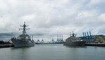 The Cyclone-class coastal patrol ship USS Tornado (PC 14), Arleigh Burke-class guided missile destroyer USS William P. Lawrence (DDG 110) and the Freedom-variant littoral combat ship USS Detroit (LCS 7) moored pierside in Vasco Nunez de Balboa