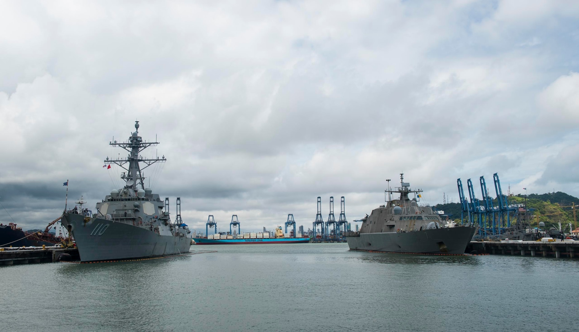 The Cyclone-class coastal patrol ship USS Tornado (PC 14), Arleigh Burke-class guided missile destroyer USS William P. Lawrence (DDG 110) and the Freedom-variant littoral combat ship USS Detroit (LCS 7) moored pierside in Vasco Nunez de Balboa