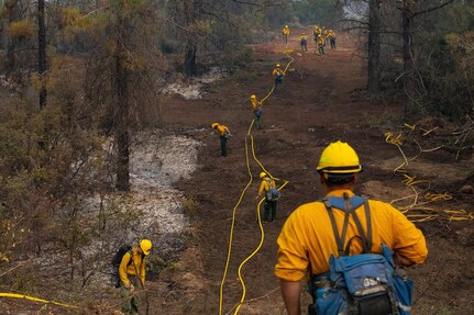 Soldiers with Alpha Battery, 2nd Battalion, 17th Field Artillery Regiment, attached to the 14th Brigade Engineer Battalion, extend a hose line.