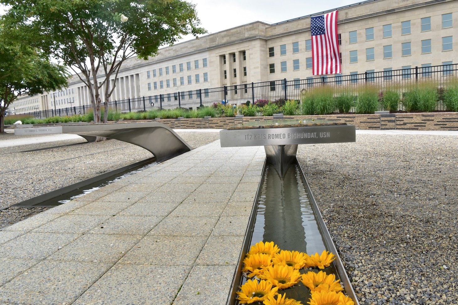 A wide shot of the National 9/11 Pentagon Memorial.