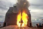 PACIFIC OCEAN (Sept. 20, 2020) A tomahawk land-attach cruise missile (TLAM) exits the forward vertical launch system (VLS) of the Ticonderoga-class guided-missile cruiser USS Antietam (CG 54) during Valiant Shield 2020. Valiant Shield is a U.S. only, biennial field training exercise (FTX) with a focus on integration of joint training in a blue-water environment among U.S. forces. This training enables real-world proficiency in sustaining joint forces through detecting, locating, tracking and engaging units at sea, in the air on land and in cyberspace in response to a range of mission areas.