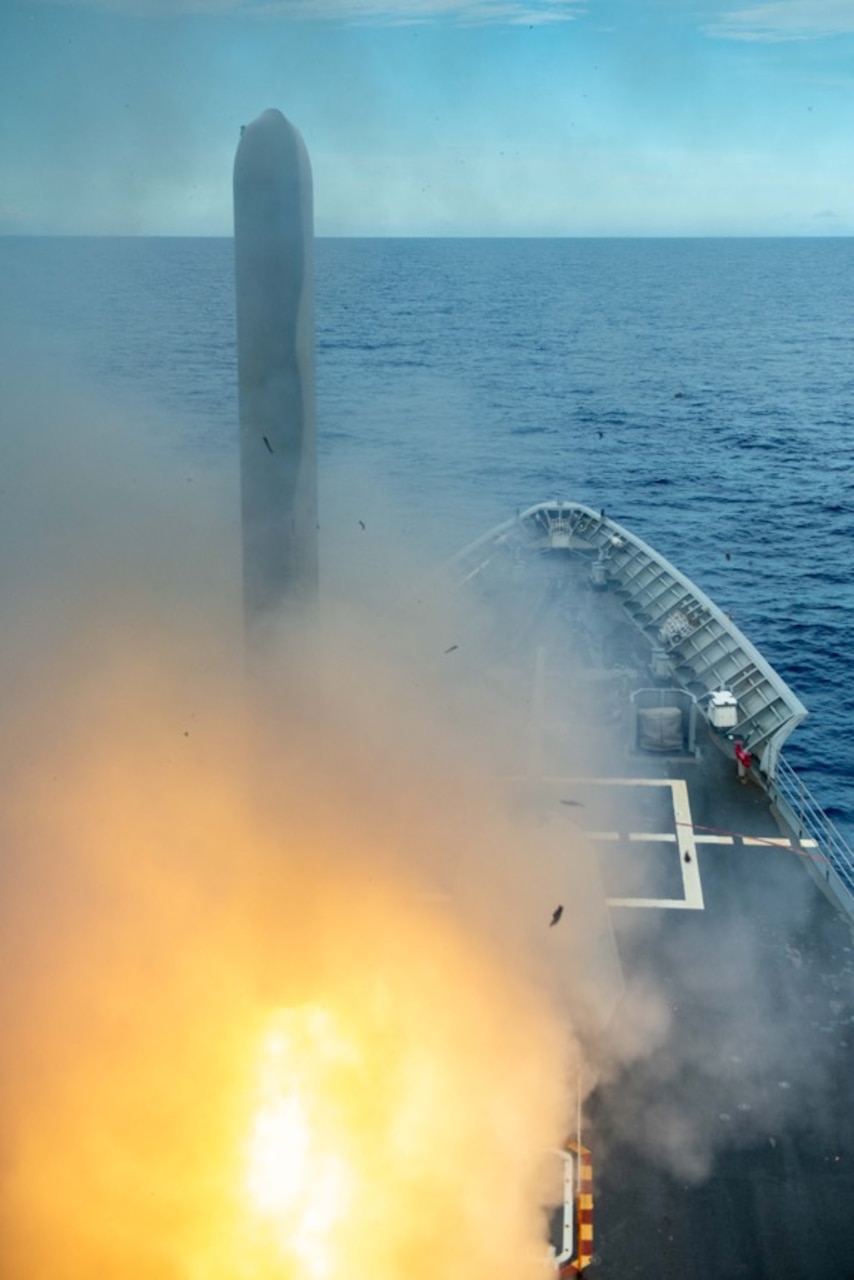 PACIFIC OCEAN (Sept. 20, 2020) The Ticonderoga-class guided-missile cruiser USS Antietam (CG 54) launches a tomahawk land-attack cruise missile (TLAM) during Valiant Shield 2020. Valiant Shield is a U.S. only, biennial field training exercise (FTX) with a focus on integration of joint training in a blue-water environment among U.S. forces. This training enables real-world proficiency in sustaining joint forces through detecting, locating, tracking and engaging units at sea, in the air on land and in cyberspace in response to a range of mission areas.