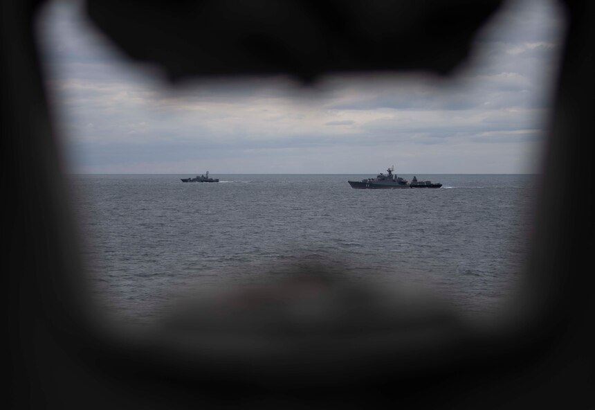 BLACK SEA (Sept. 20, 2020) Bulgarian Navy Koni-class frigates BGS Smeli (F-11) and BGS Bodri (F-13) participate in a passing exercise with the Arleigh Burke-class guided-missile destroyer USS Roosevelt (DDG 80), Sept. 20, 2020. Roosevelt, forward-deployed to Rota, Spain, is on its first patrol in the U.S. Sixth Fleet area of operations in support of regional allies and partners and U.S. national security interests in Europe and Africa.