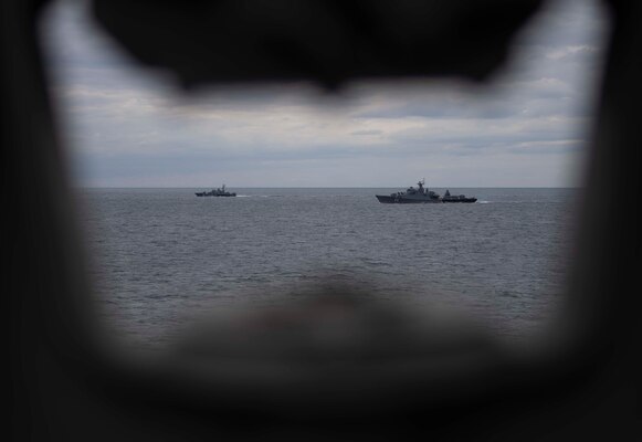 BLACK SEA (Sept. 20, 2020) Bulgarian Navy Koni-class frigates BGS Smeli (F-11) and BGS Bodri (F-13) participate in a passing exercise with the Arleigh Burke-class guided-missile destroyer USS Roosevelt (DDG 80), Sept. 20, 2020. Roosevelt, forward-deployed to Rota, Spain, is on its first patrol in the U.S. Sixth Fleet area of operations in support of regional allies and partners and U.S. national security interests in Europe and Africa.