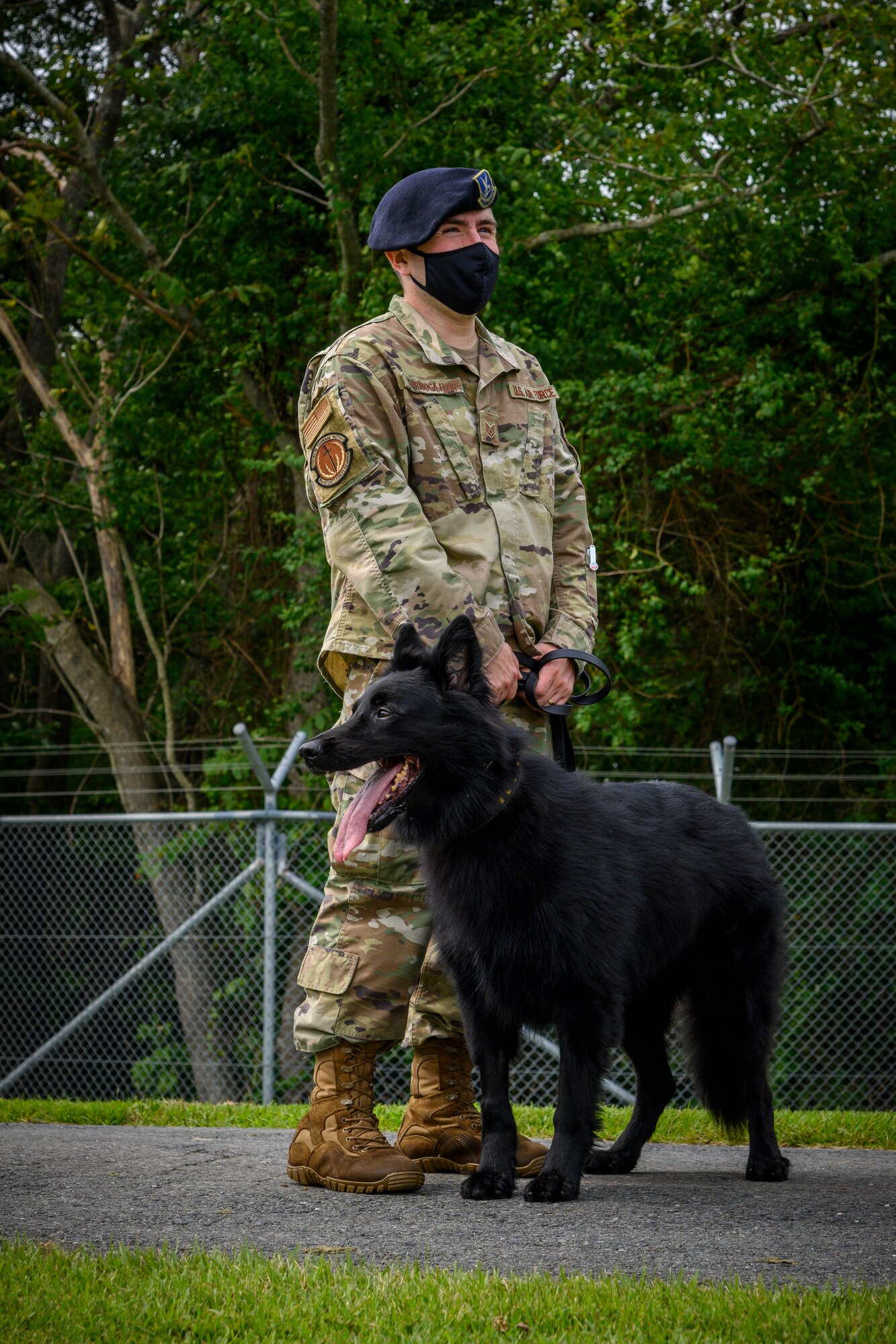 U.S. Air Force Staff Sgt. James Chiroboga-Flor, a 35th Security Forces Squadron military working dog handler, stands with his MWD, Cento, before a demonstration at Misawa Air Base, Japan, Sept. 17, 2020. Working dog handlers with the 35th Security Forces Squadron's K-9 unit display the skills of their dogs during a demonstration for Chief Master Sgt. Rick Winegardner Jr, the U.S. Forces Japan command chief. The dogs train on how to detect explosives and narcotics as well as perform controlled aggression tactics when detaining suspects. (U.S. Air Force photo by Airman 1st Class China M. Shock)