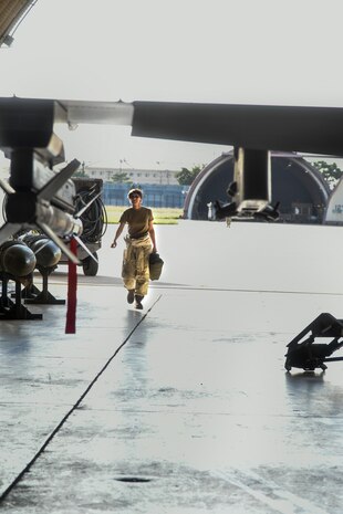 Crew chiefs conduct pre-flight inspections on an F-16 Fighting Falcon