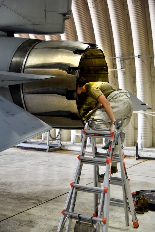 Crew chiefs conduct pre-flight inspections on an F-16 Fighting Falcon