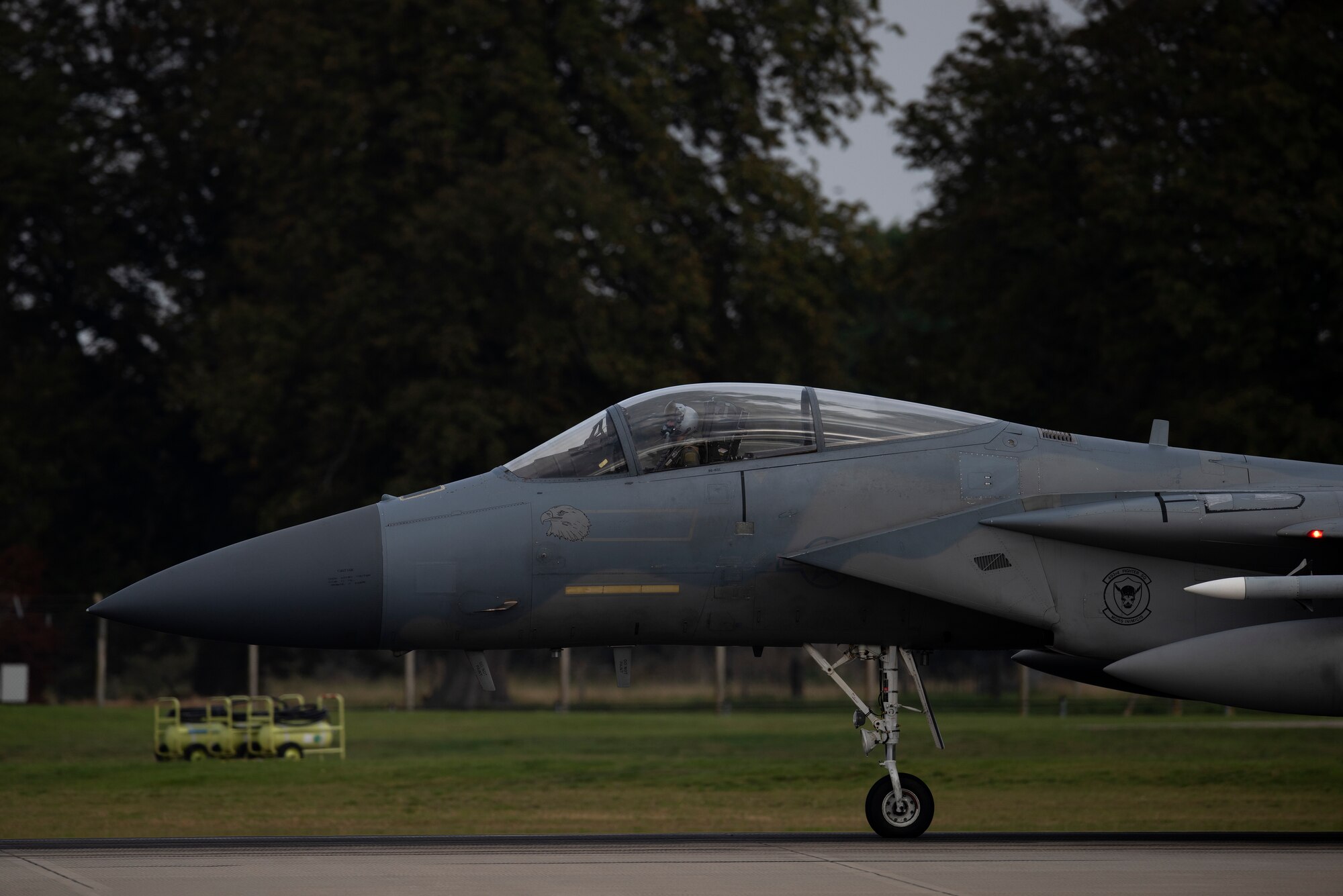 An F-15C Eagle, assigned to the 493rd Fighter Squadron, prepares to take off in support of exercise Astral Knight 2020 at Royal Air Force Lakenheath, England, Sept. 21, 2020. AK20 is focused on multinational Integrated Air and Missile Defense assets and will feature fighter and surface-based air defense integration against air and cruise missile threats. (U.S. Air Force photo by Airman 1st Class Jessi Monte)