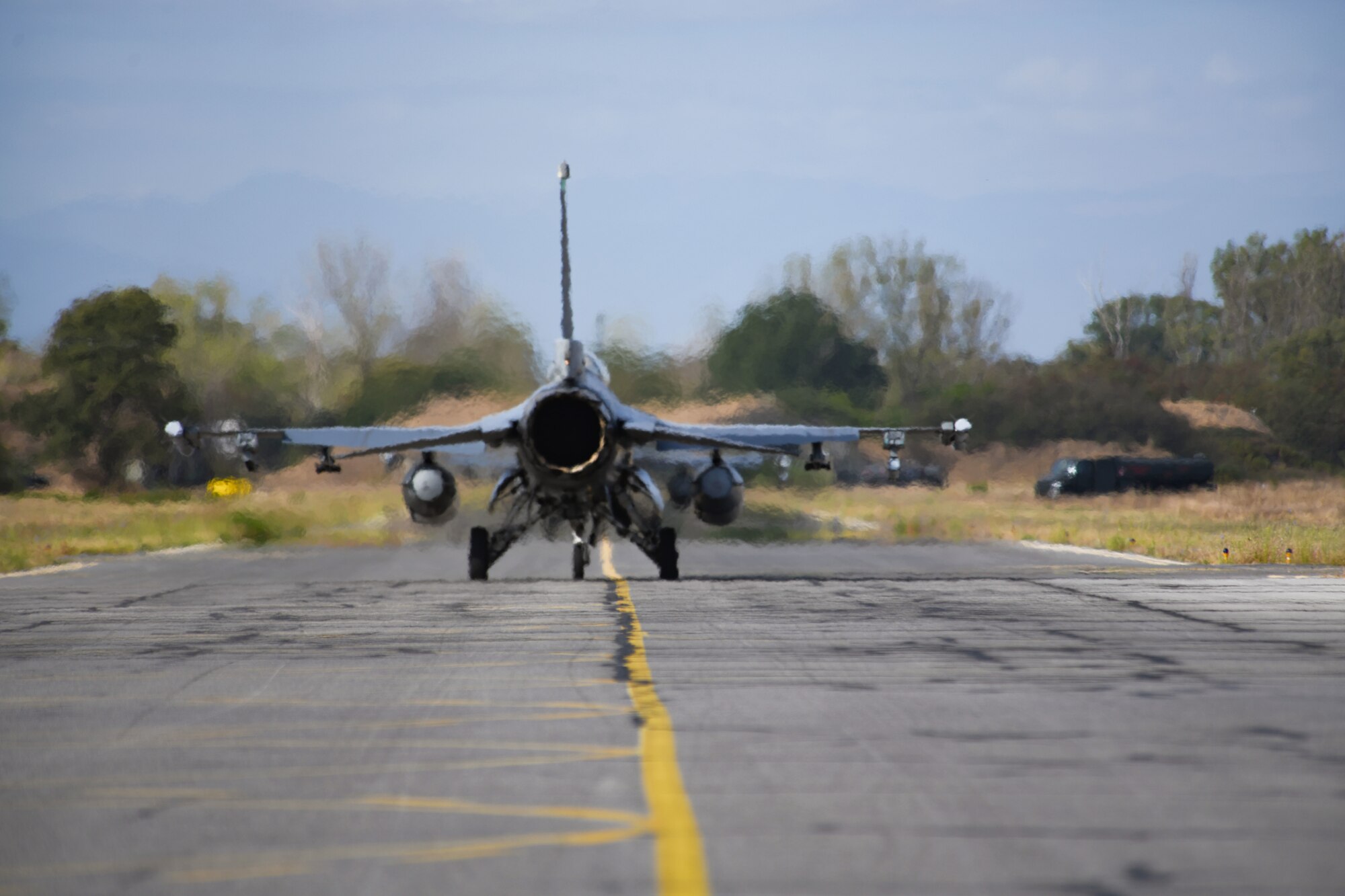 A U.S. Air Force F-16 Fighting Falcon assigned to the 555th Fighter Squadron, Aviano Air Base, Italy, taxis on the runway during exercise Thracian Viper 20 at Graf Ignatievo Air Base, Bulgaria, Sept. 21, 2020. Thracian Viper 20 provided an opportunity for U.S. Air Force Airmen to train with partners and NATO allies in order to improve interoperability and readiness. The exercise enhanced successful partnering activities, which result in progressive relationships that lead to tangible, mutual benefits during peacetime, contingencies and crisis, through actions such as regional security, access and coalition operations. (U.S. Air Force photo by Airman 1st Class Ericka A. Woolever)