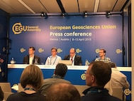 Dr. David Peterson, far left, from NRL's Marine Meteorology Division participates in the press conference, "Shape of things to come? The 2017 wildfire season," at the European Geosciences Union General Assembly in Vienna, Austria on Wednesday, April 11.