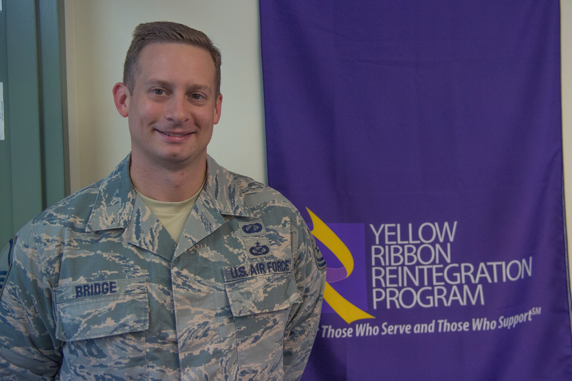 Master Sgt. Joseph Bridge, Yellow Ribbon representative with the 911th Airlift Wing, poses for a photo at the Pittsburgh International Airport Air Reserve Station, Pennsylvania, Sept. 17, 2020.