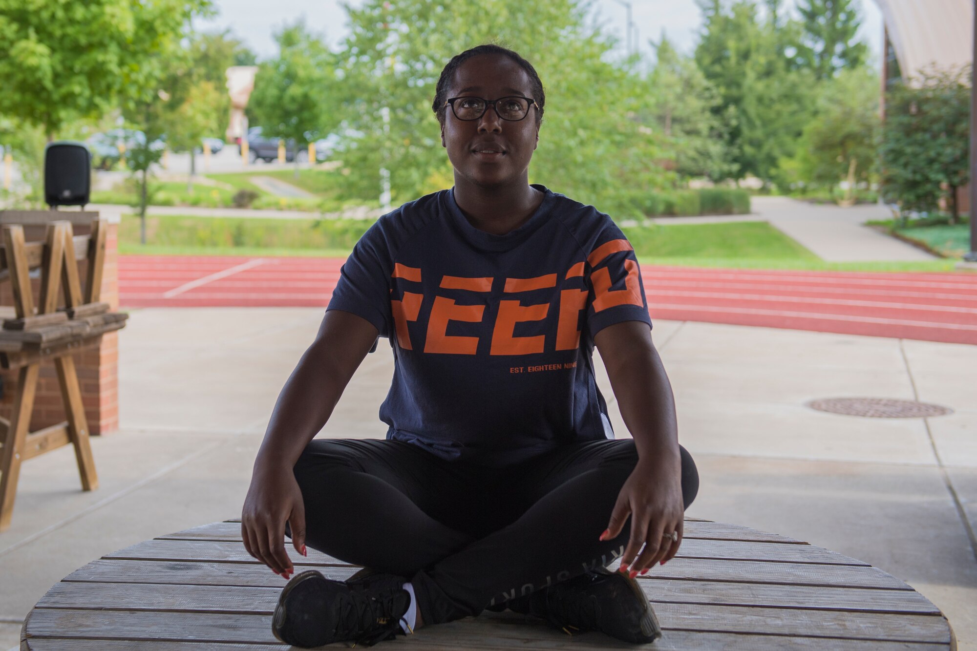 1st Lt. Melissa George, chaplain with the 911th Airlift Wing, leads a meditation exercise at the Pittsburgh International Airport Air Reserve Station, Pennsylvania, Sept. 12, 2020.