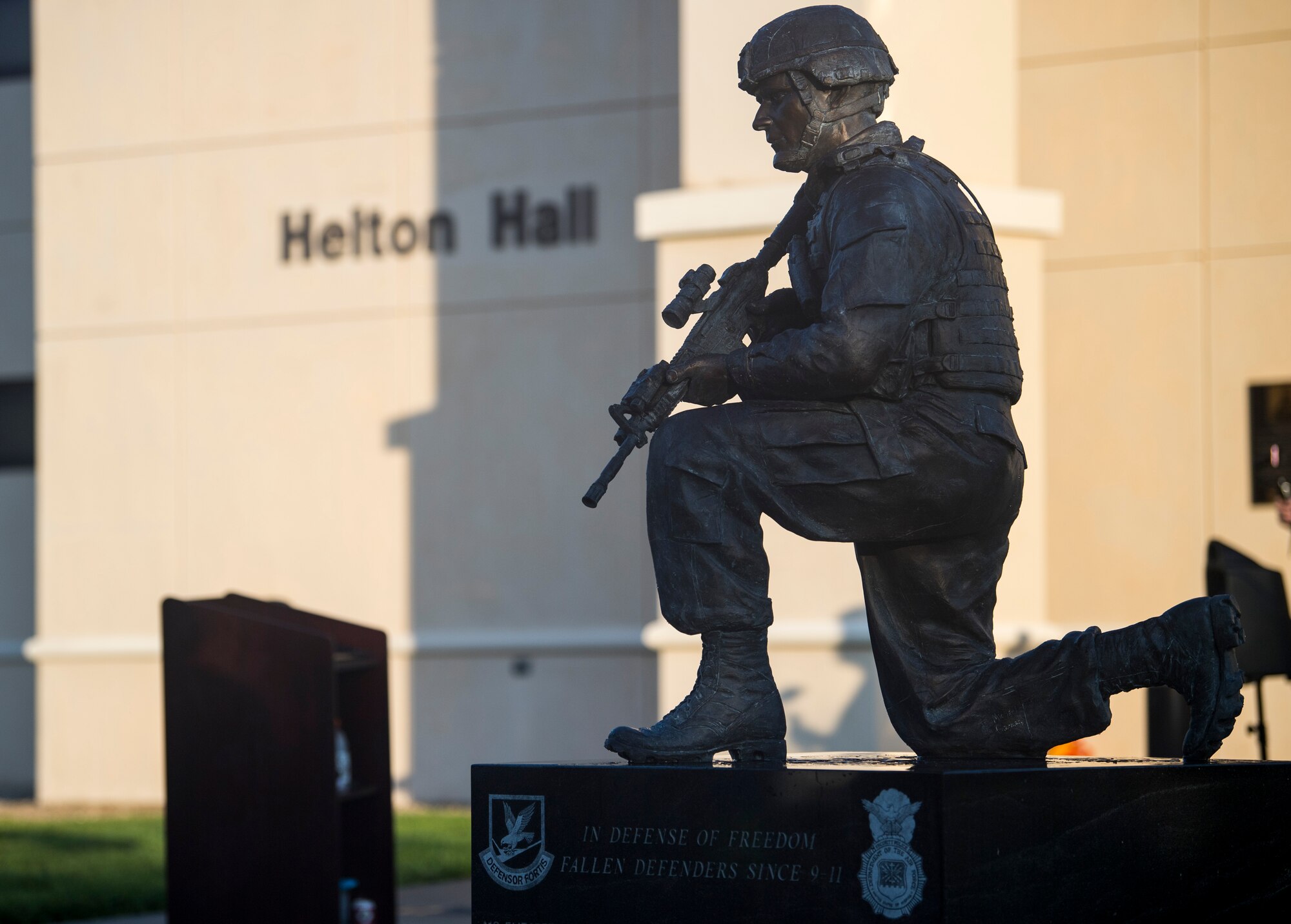 A statue memorializing 1st Lt. Joseph Helton, watches over the entrance to the 6th Security Forces Squadron’s headquarters building at MacDill Air Force Base, Fla., Sept. 18, 2020.