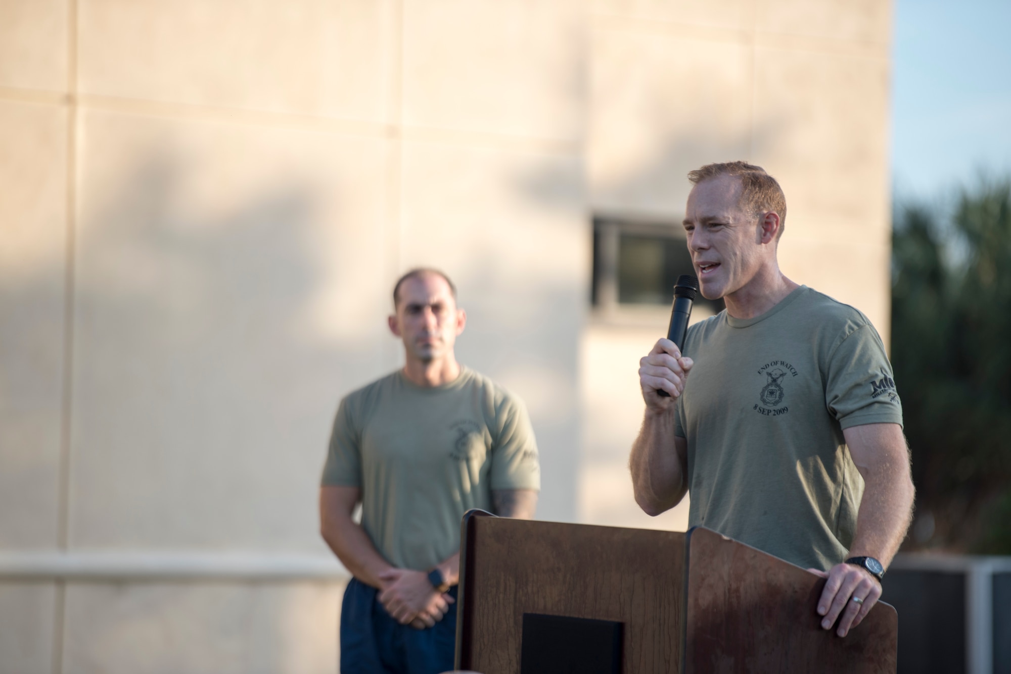 U.S. Air Force Col. Ben Jonsson, the 6th Air Refueling Wing commander, delivers remarks before the Helton Haul 5K run, at MacDill Air Force Base, Fla., Sept. 18, 2020.
