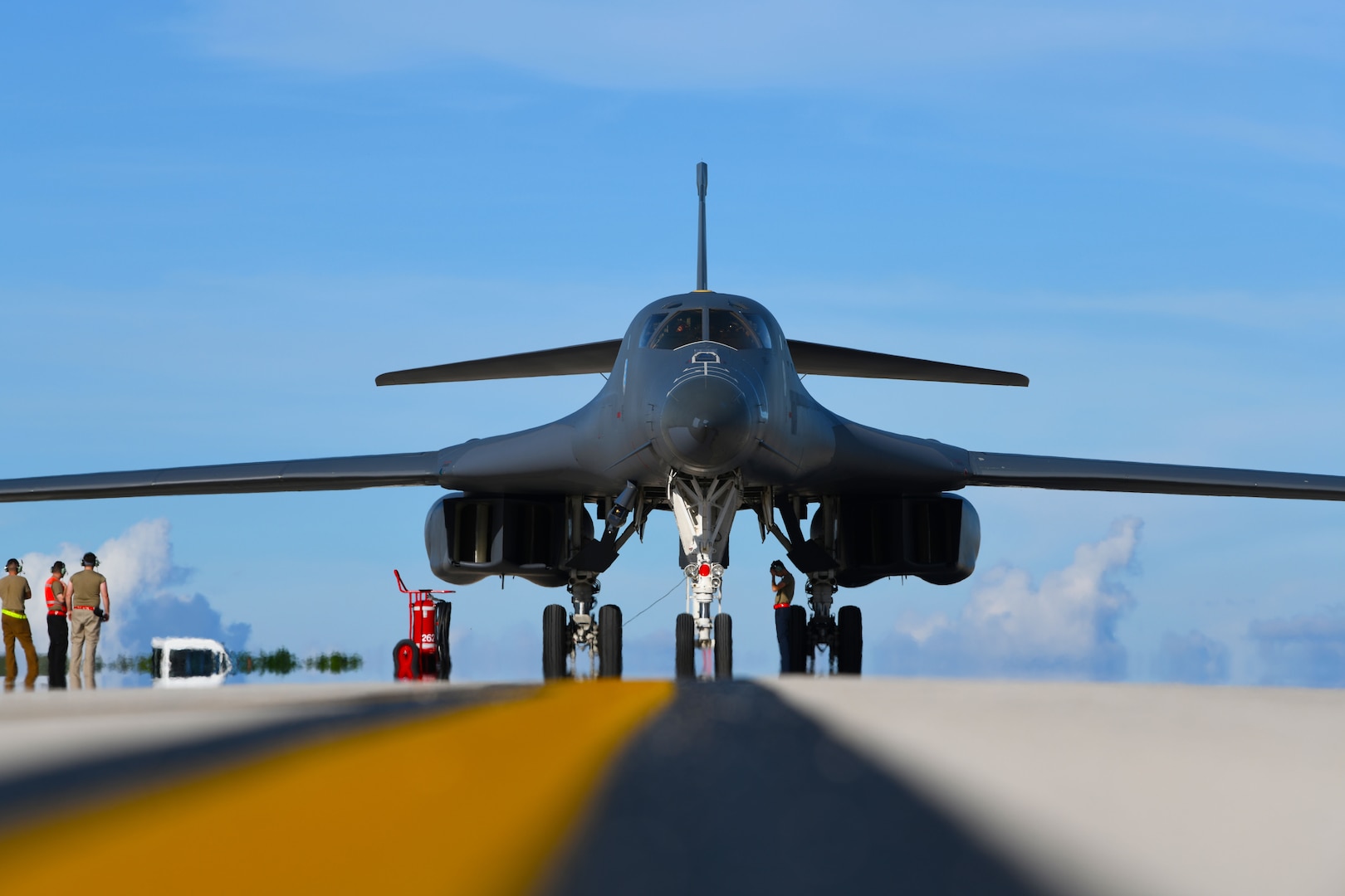 A B-1B Lancer assigned to the 34th Bomb Squadron, Ellsworth Air Force Base, S.D., taxis at Andersen AFB, Guam, after arriving for a Bomber Task Force deployment, Sept. 10, 2020. Approximately 200 Airmen and four B-1s assigned to the 28th Bomb Wing at Ellsworth AFB, South Dakota, deployed to the Pacific in support of the Bomber Task Force employment model. The BTF is deployed to Andersen AFB to support Pacific Air Forces’ training efforts with allies, partners and joint forces; and strategic deterrence missions to reinforce the rules-based order in the Indo-Pacific region.